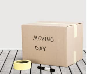household storage removals Cardboard box with 'moving day' written on it