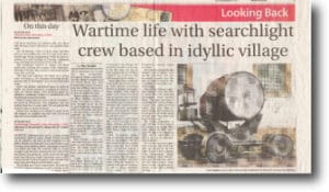 A newspaper clipping 'Wartime Life with searchlight crew based in idyllic village'